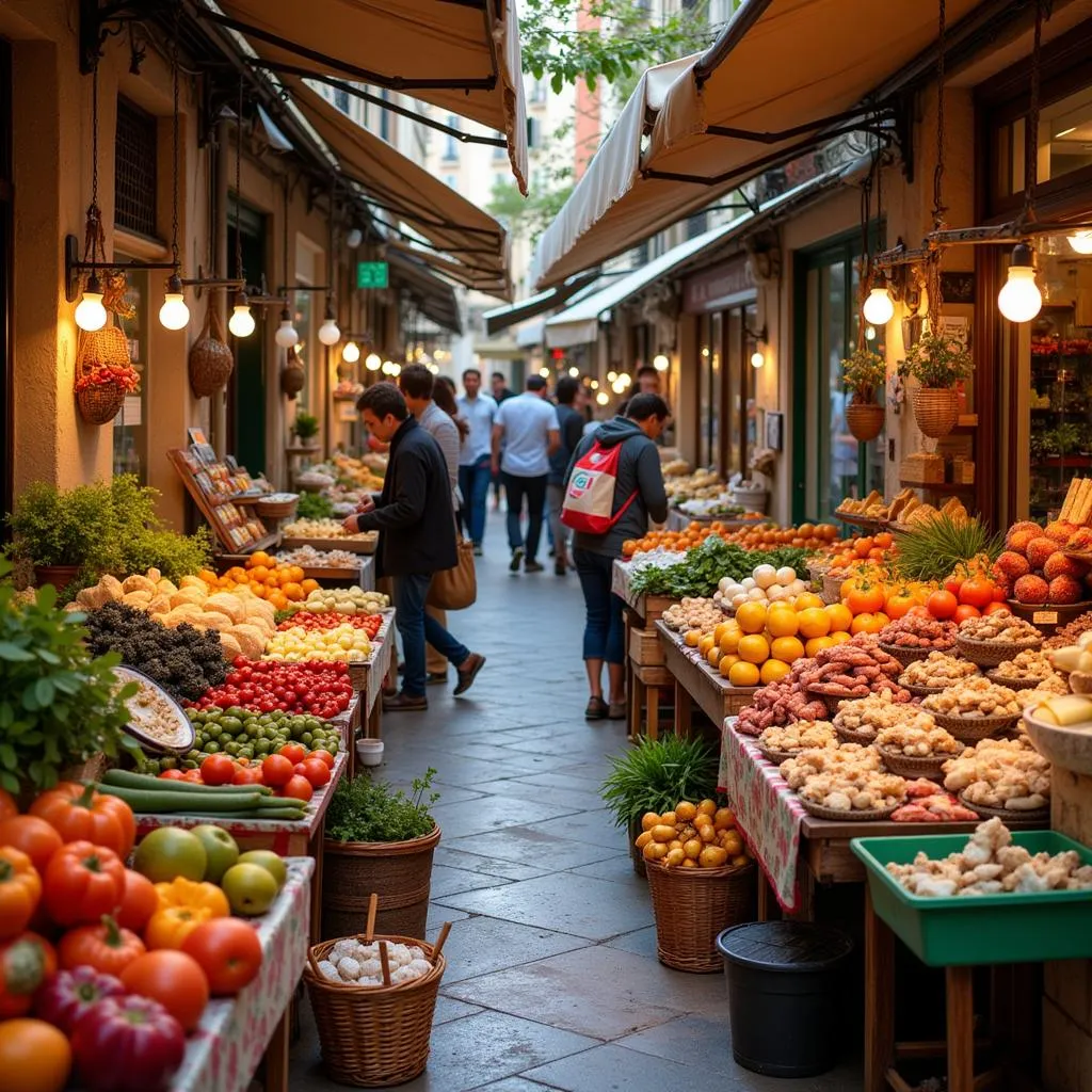 A bustling Sicilian food market with vendors and customers