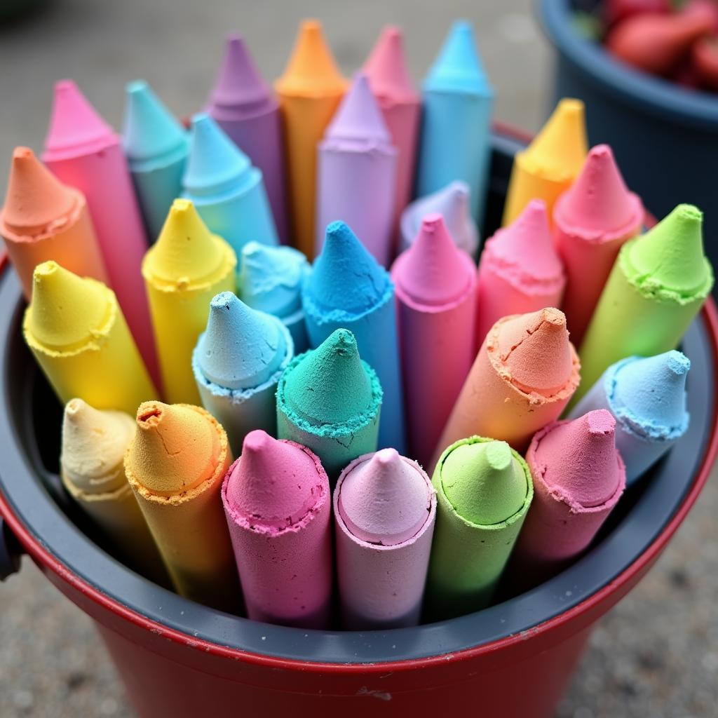  A collection of brightly colored sidewalk chalk arranged in a bucket, ready for creative play.