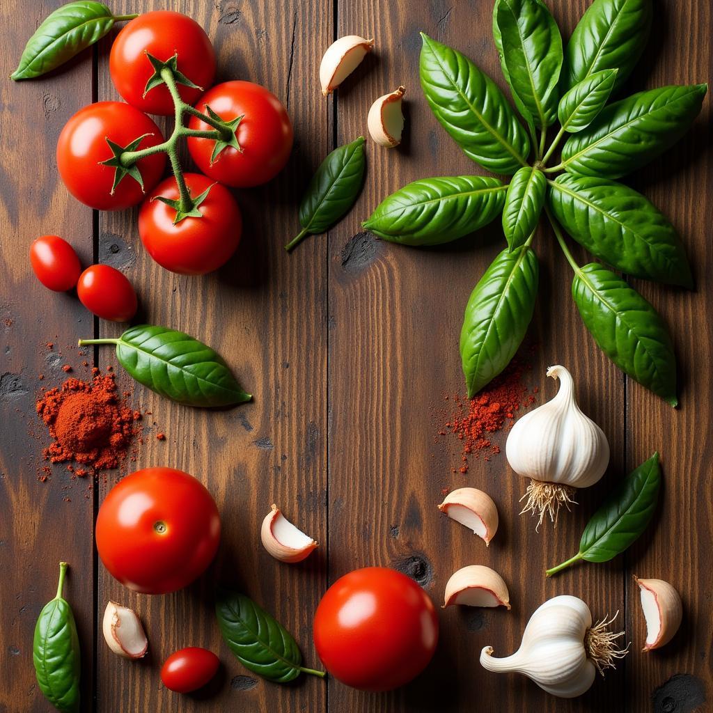 Fresh and colorful ingredients scattered on a wooden table, ready for a simple and delicious meal