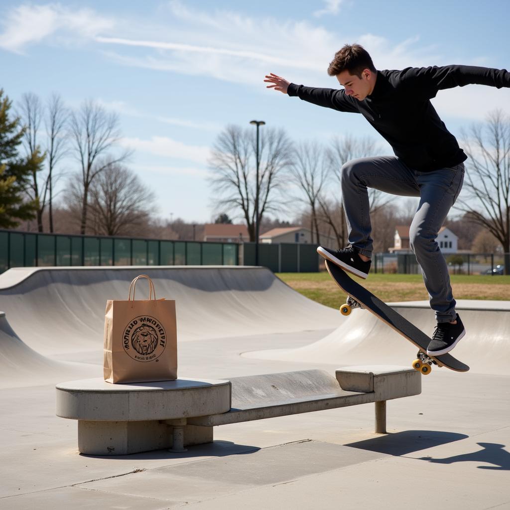 Skateboarder landing a trick, Food Lion bag visible