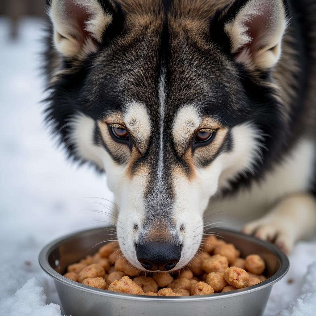 A sled dog eating food from a bowl