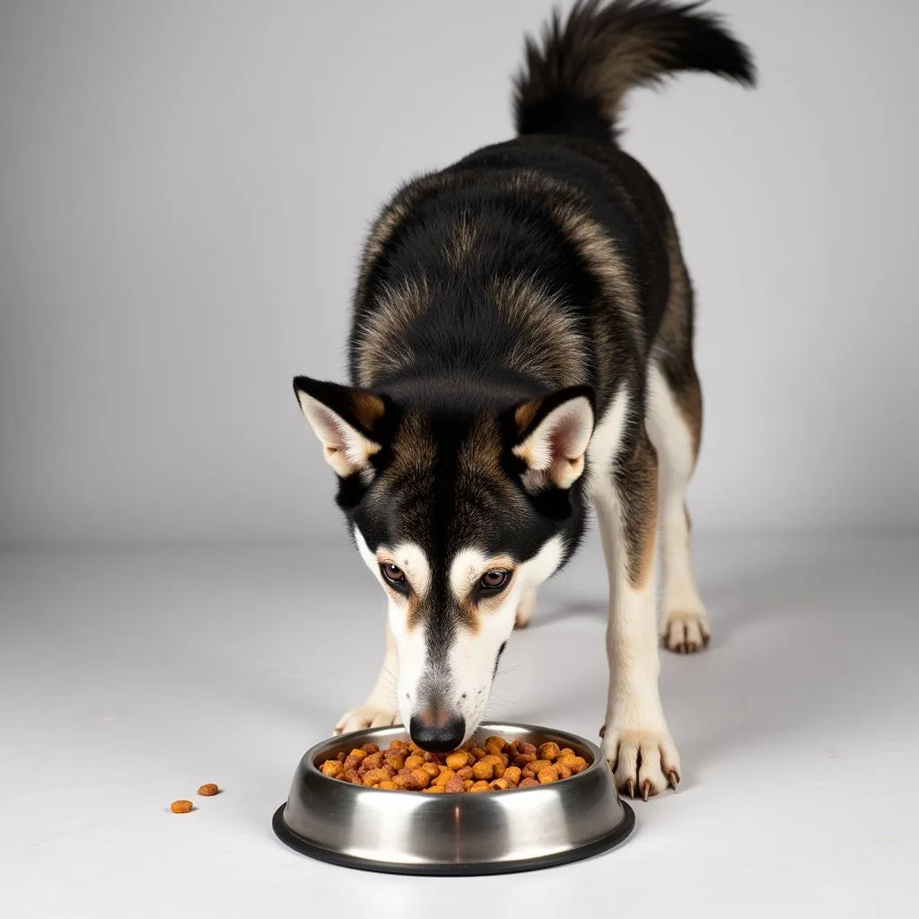 Sled dog eating from bowl