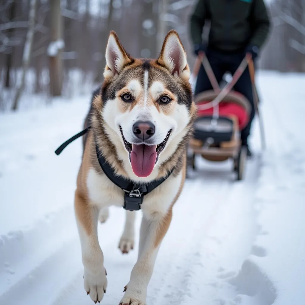 Sled dog running on snow