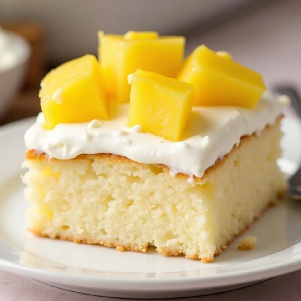 Sliced pineapple and angel food cake on a plate