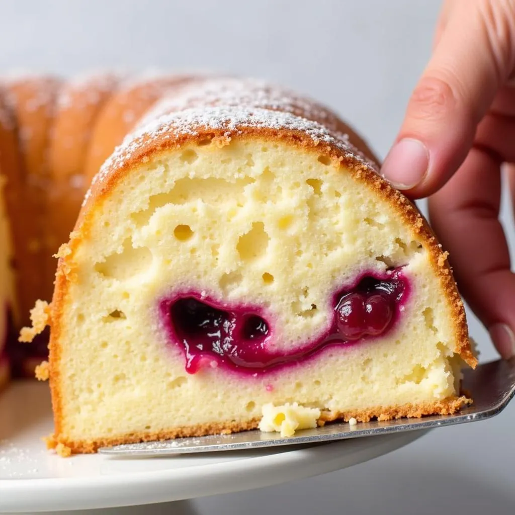 A slice of angel food cake with a beautiful swirl of pie filling is being cut.