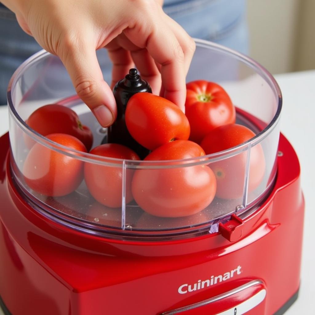 Slicing Tomatoes with a Red Cuisinart Food Processor