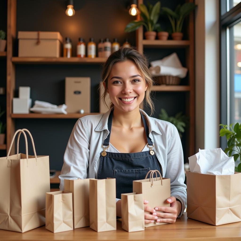 A Small Business Owner Proudly Displaying Their Eco-Friendly Packaging