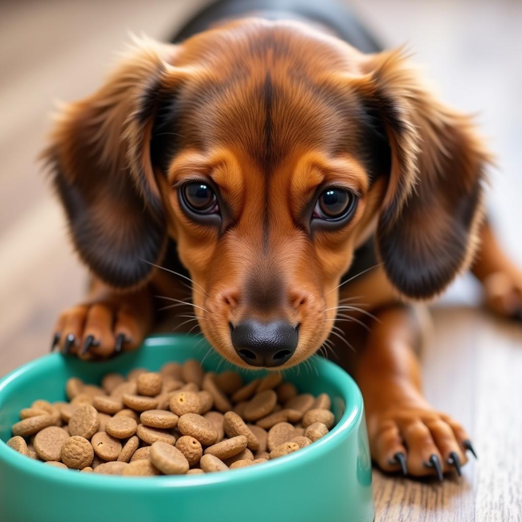 A small dog enjoying a bowl of dry kibble