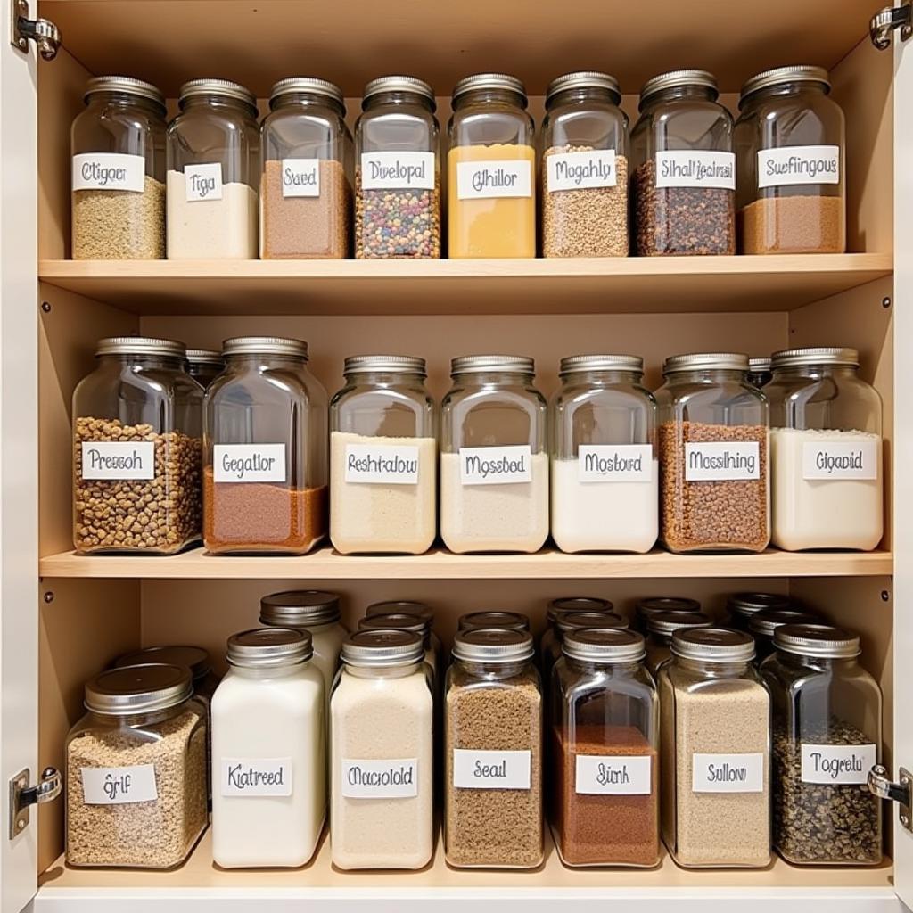 A person is organizing a pantry with labeled jars of dried beans, grains, and spices.