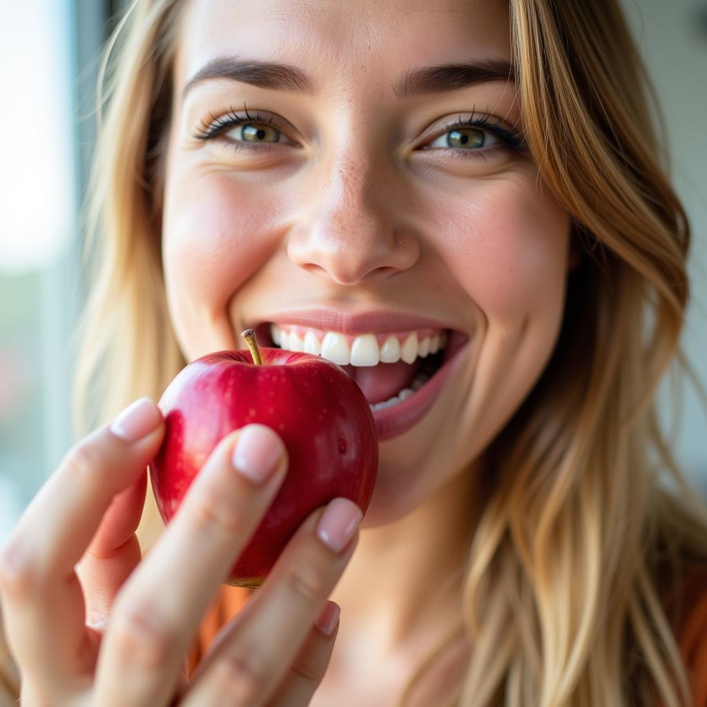 Smiling woman enjoying an apple, promoting good dental health.