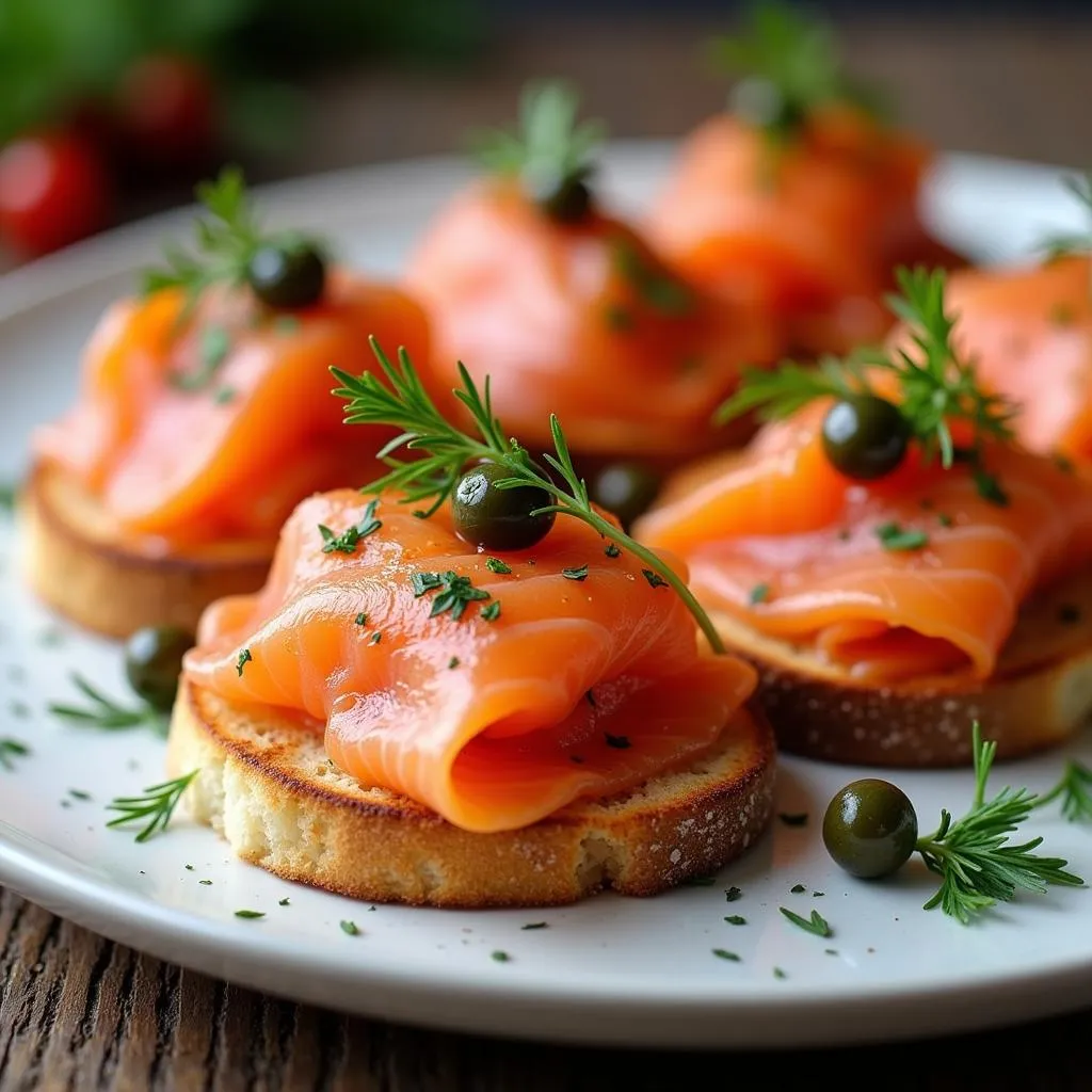 Close-up of a beautifully plated smoked salmon appetizer prepared using a handheld food smoker.