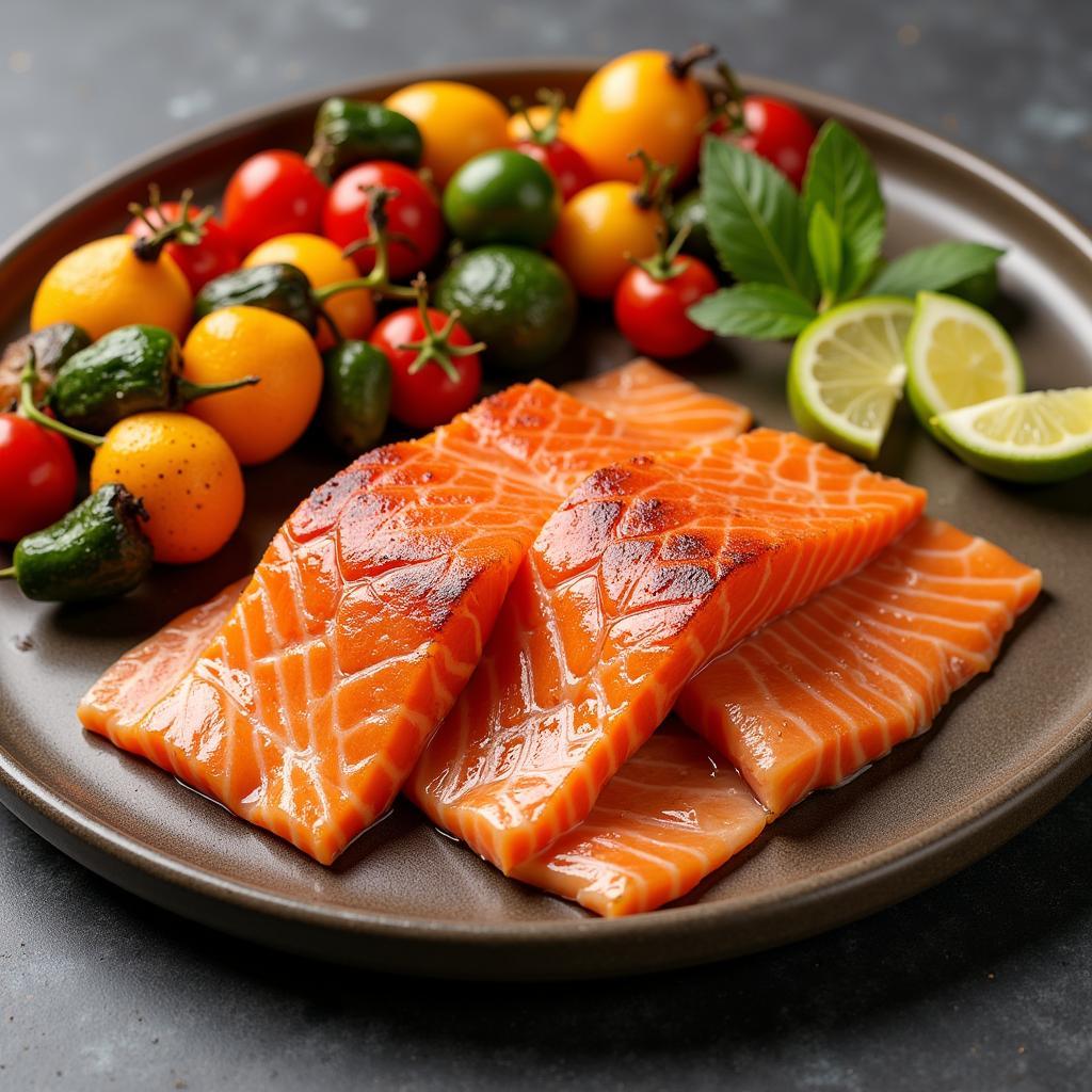 Sliced smoked salmon with grilled vegetables