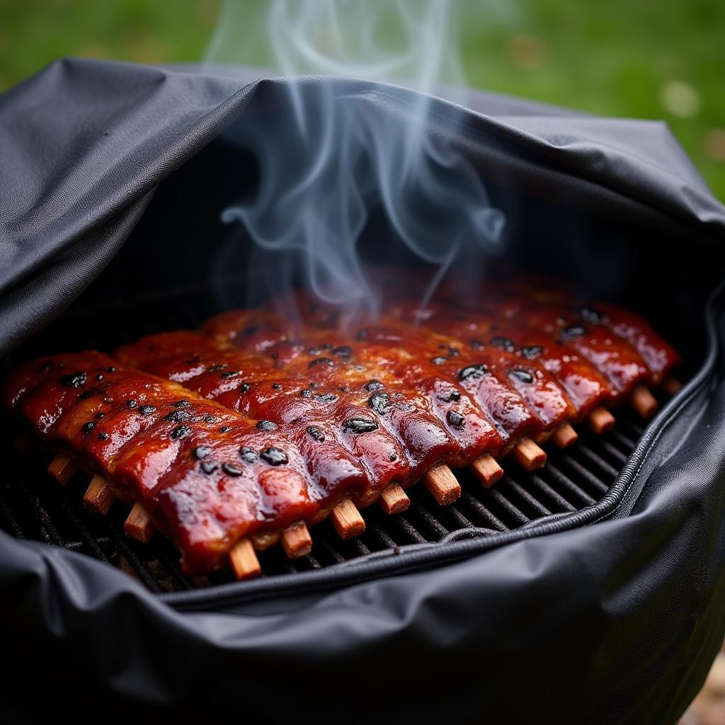 Rack of ribs cooking inside a food smoking bag on a grill