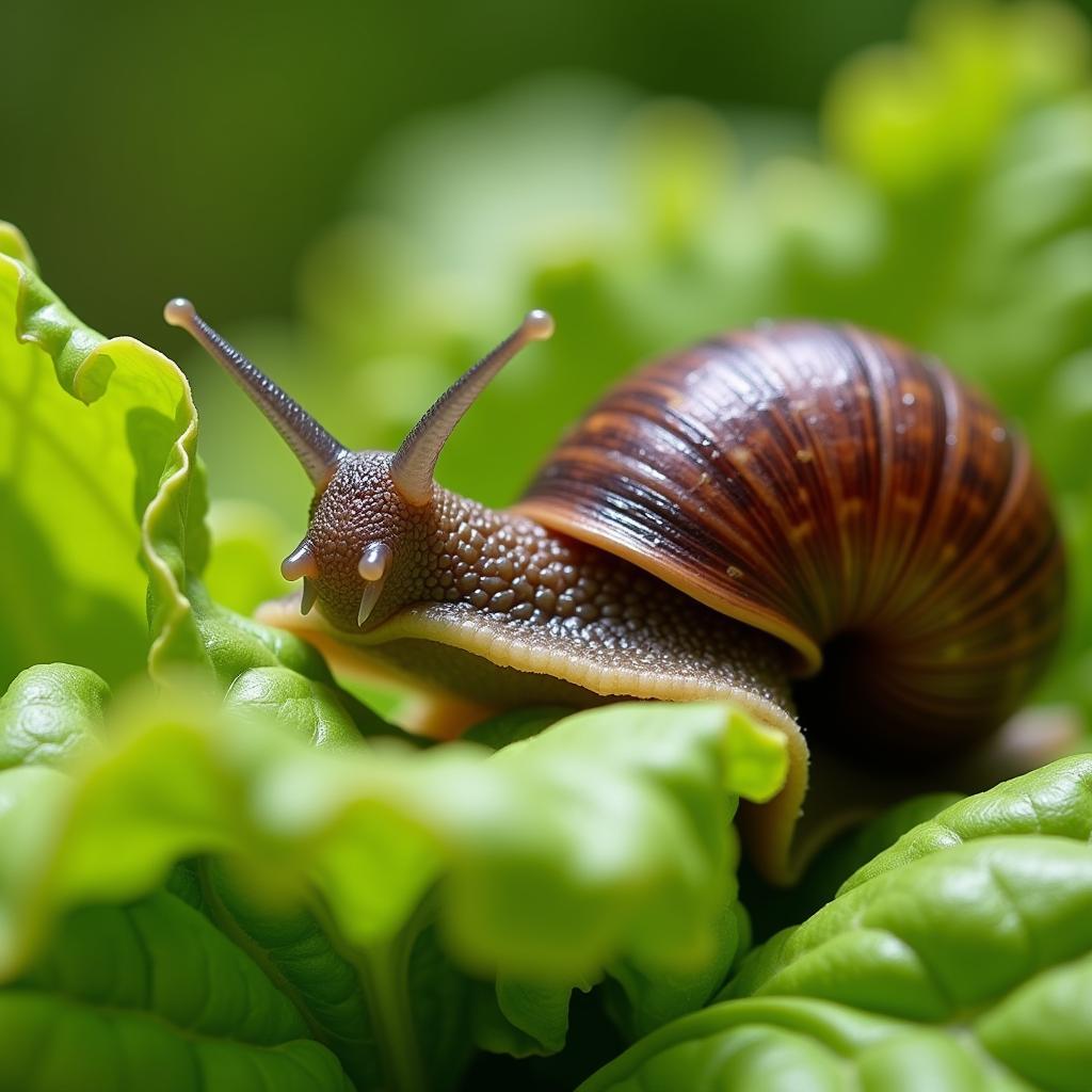 Snail munching on lettuce in a garden