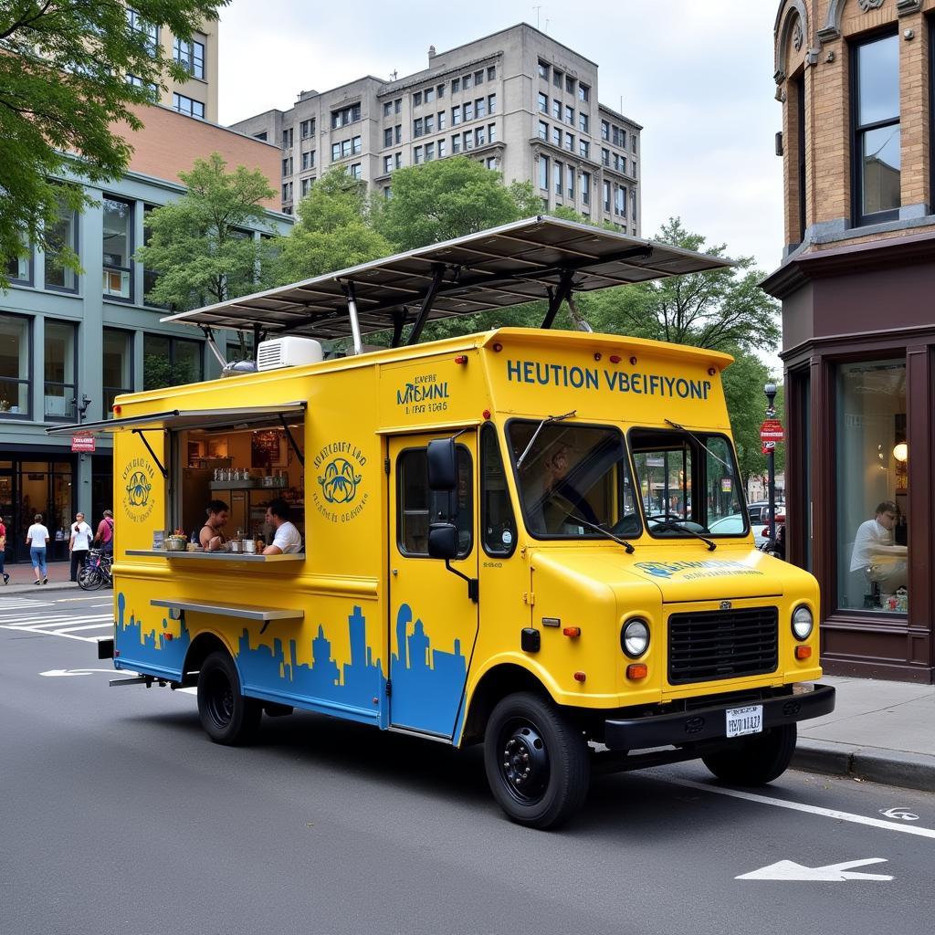 Food truck with solar panels in an urban setting