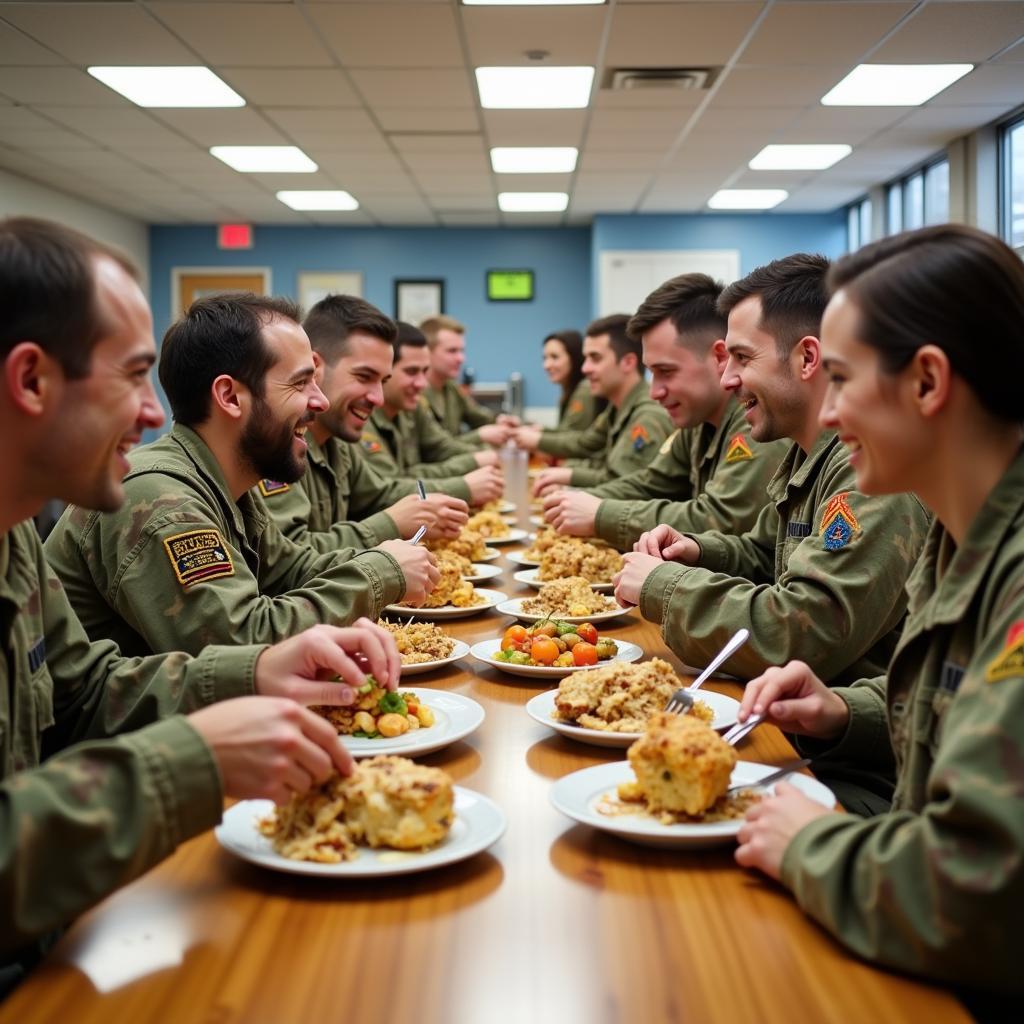 A soldier smiles as he eats with his comrades in the mess hall