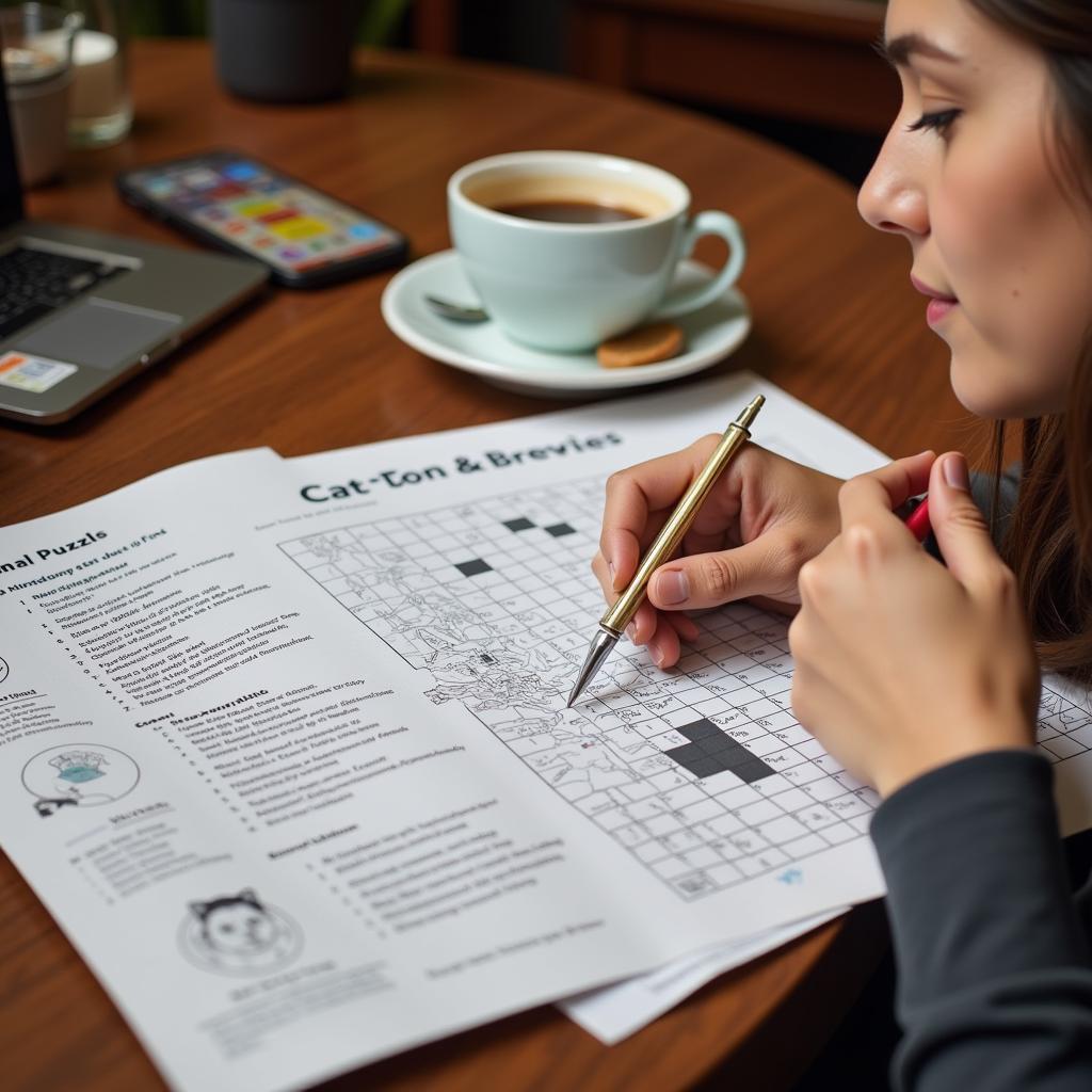 Person solving a cat food brand crossword puzzle