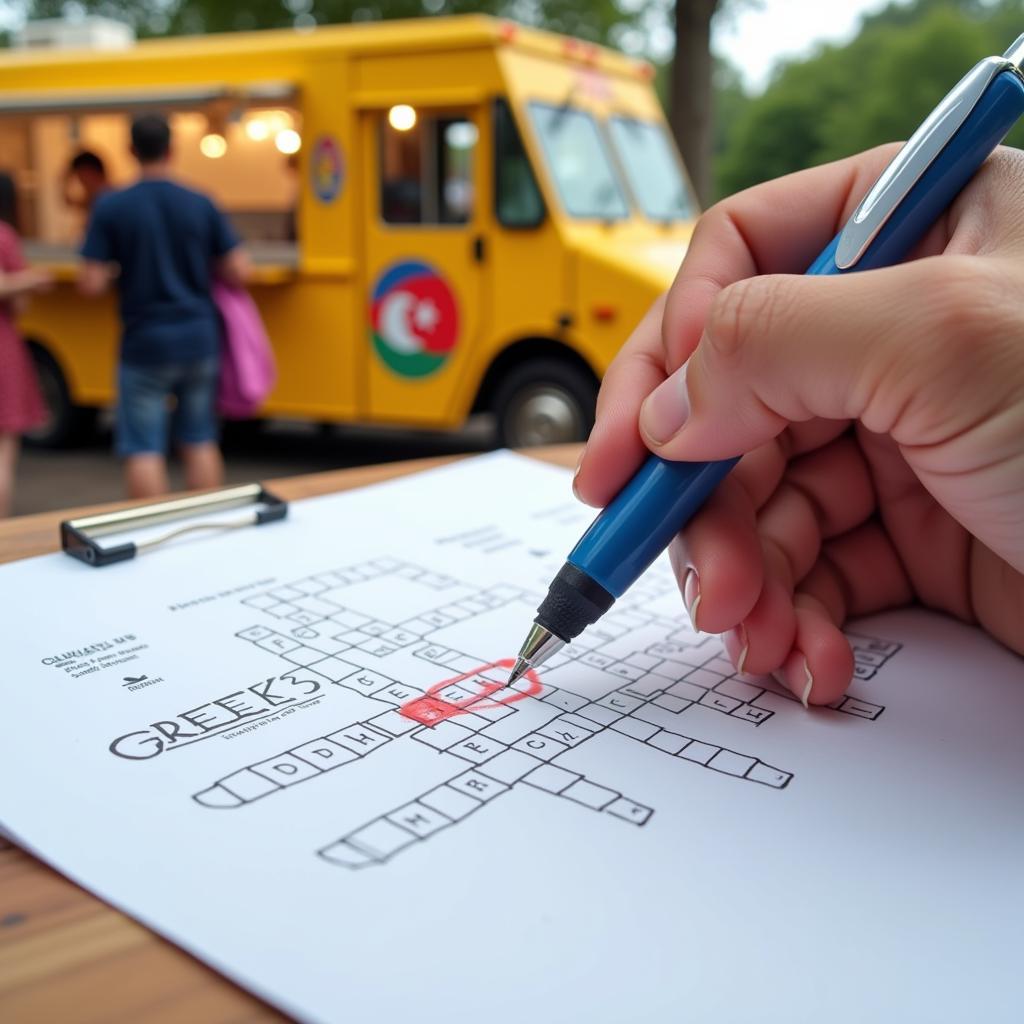 Person solving a crossword puzzle with a Greek food truck in the background