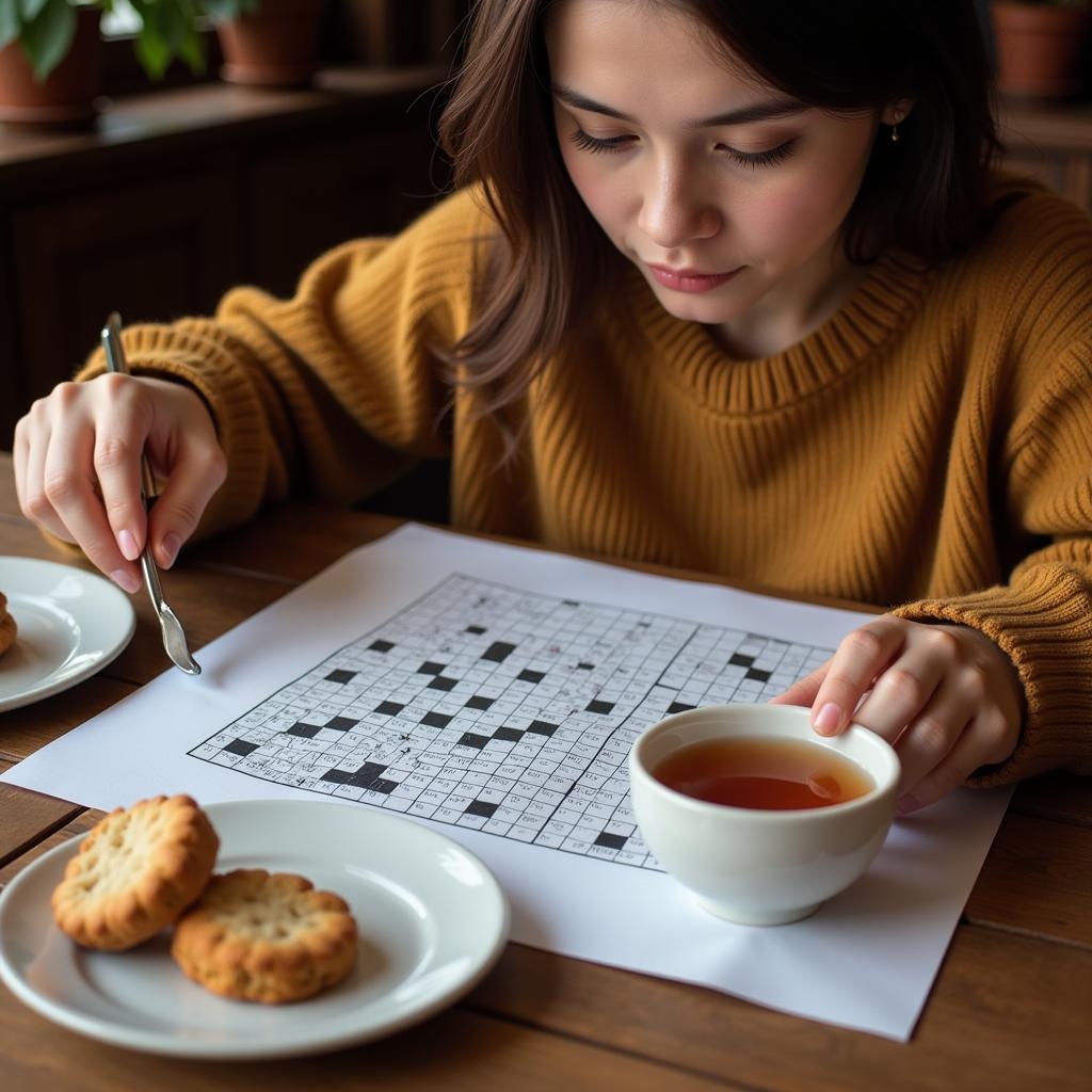 A person enjoys a cup of tea while working on a Nigella Lawson crossword puzzle.