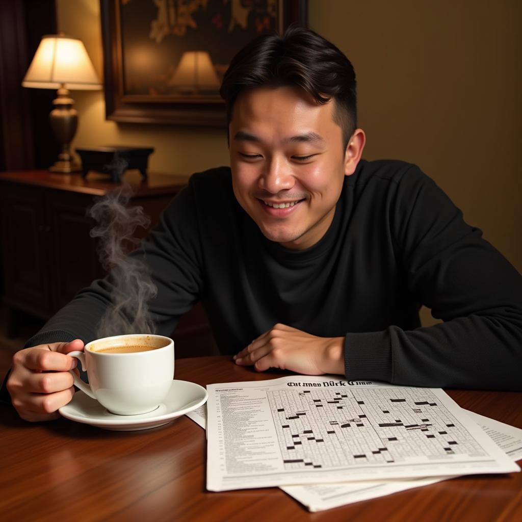 Person enjoying a cup of coffee while solving the New York Times crossword puzzle