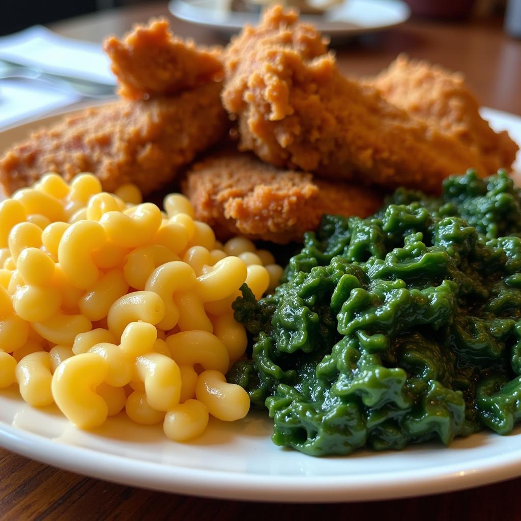 Close-up of a plate with fried chicken and sides