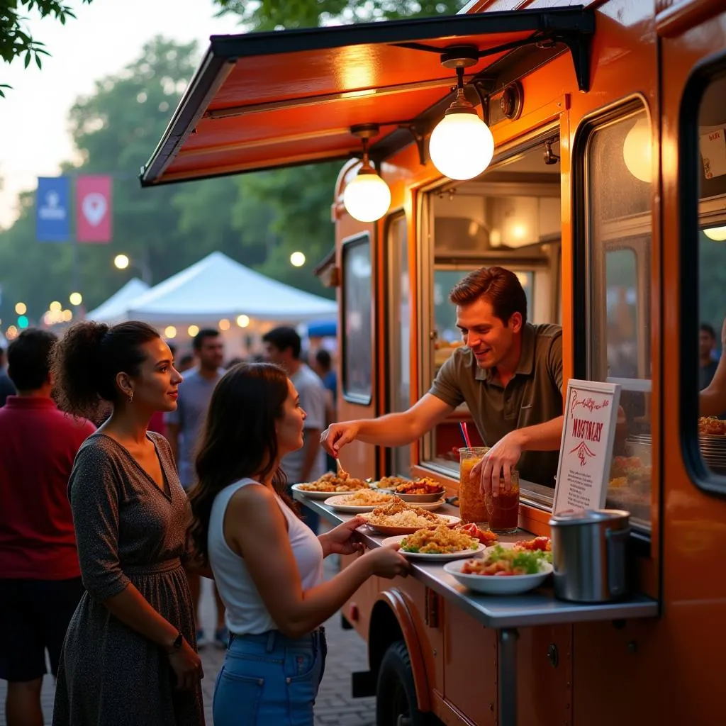 Soul food truck serving a diverse crowd at a lively festival