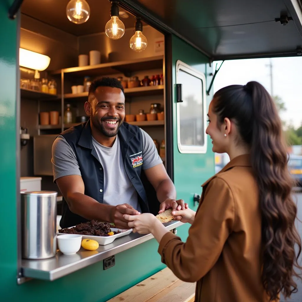 Friendly soul food truck owner taking an order from a customer