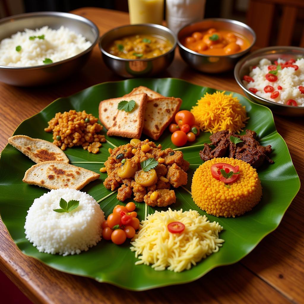 South Indian wedding feast served on a banana leaf