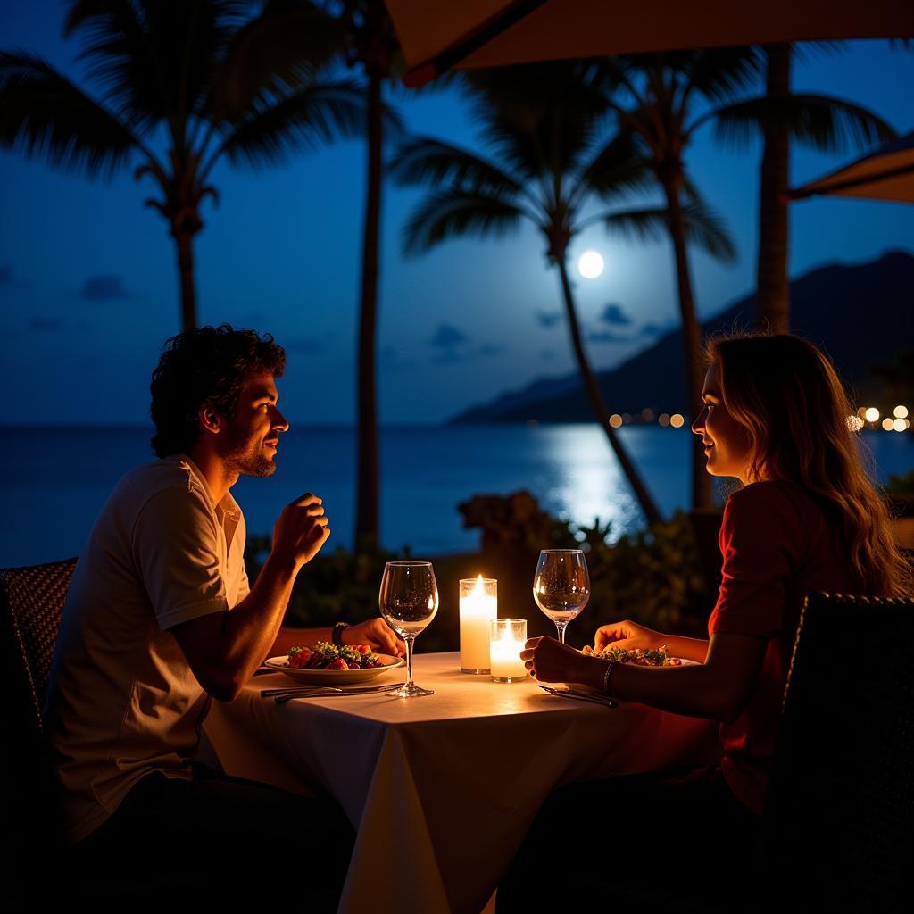 Late-night oceanfront dining in South Maui