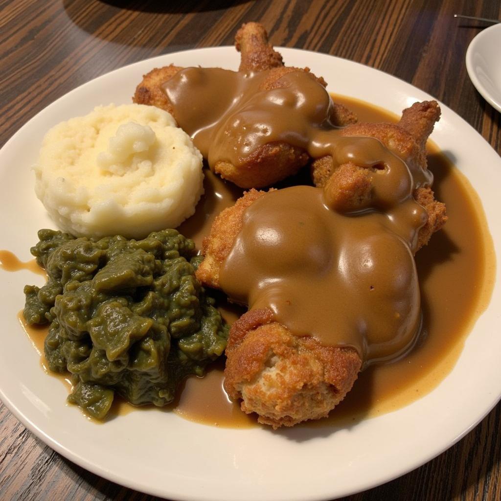 A plate piled high with Southern comfort food classics in Lawrenceburg, TN