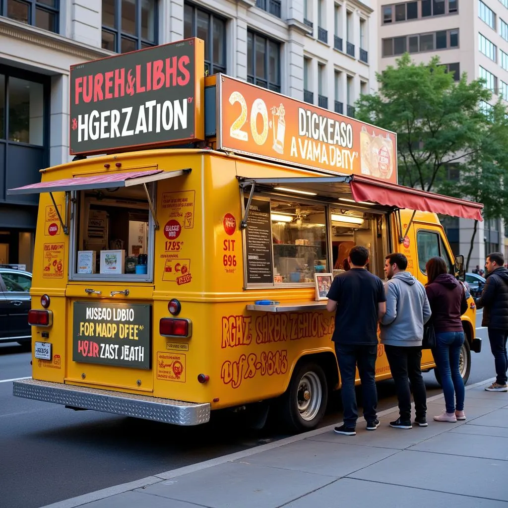 Brightly colored food truck with a catchy Spanish name logo