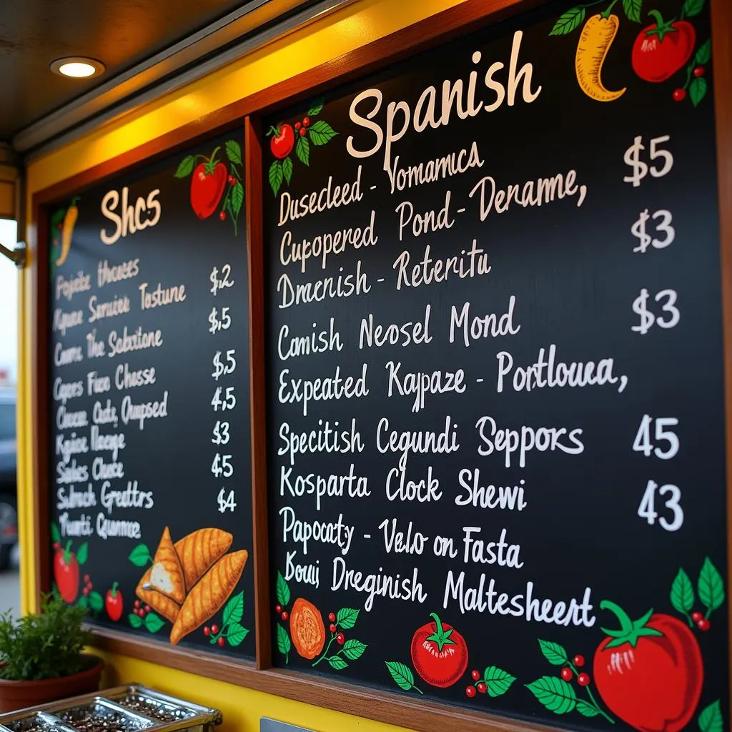 A close-up of a food truck menu with a variety of tasty Spanish dishes.