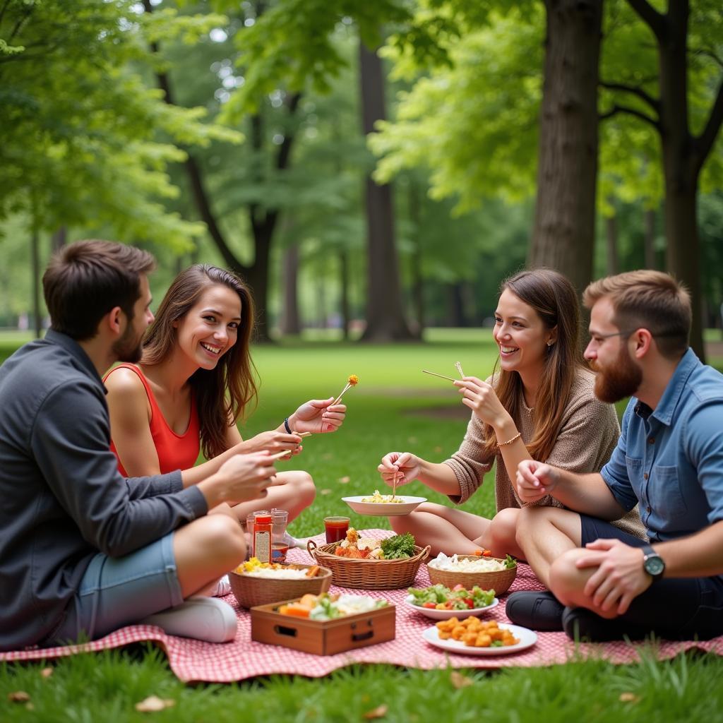 Enjoying Chinese food takeout in a park setting in Sparta