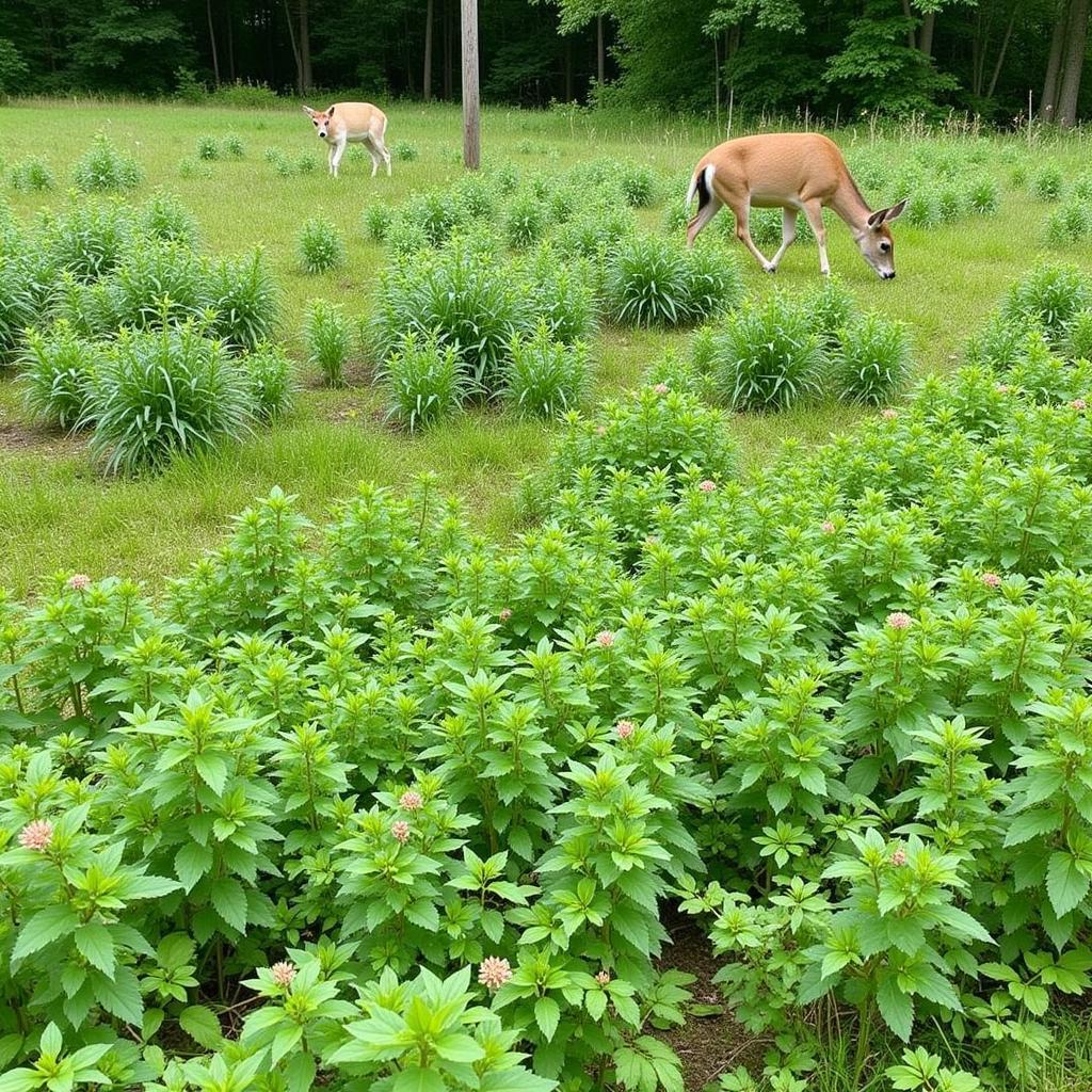 Deer grazing in a lush spring food plot