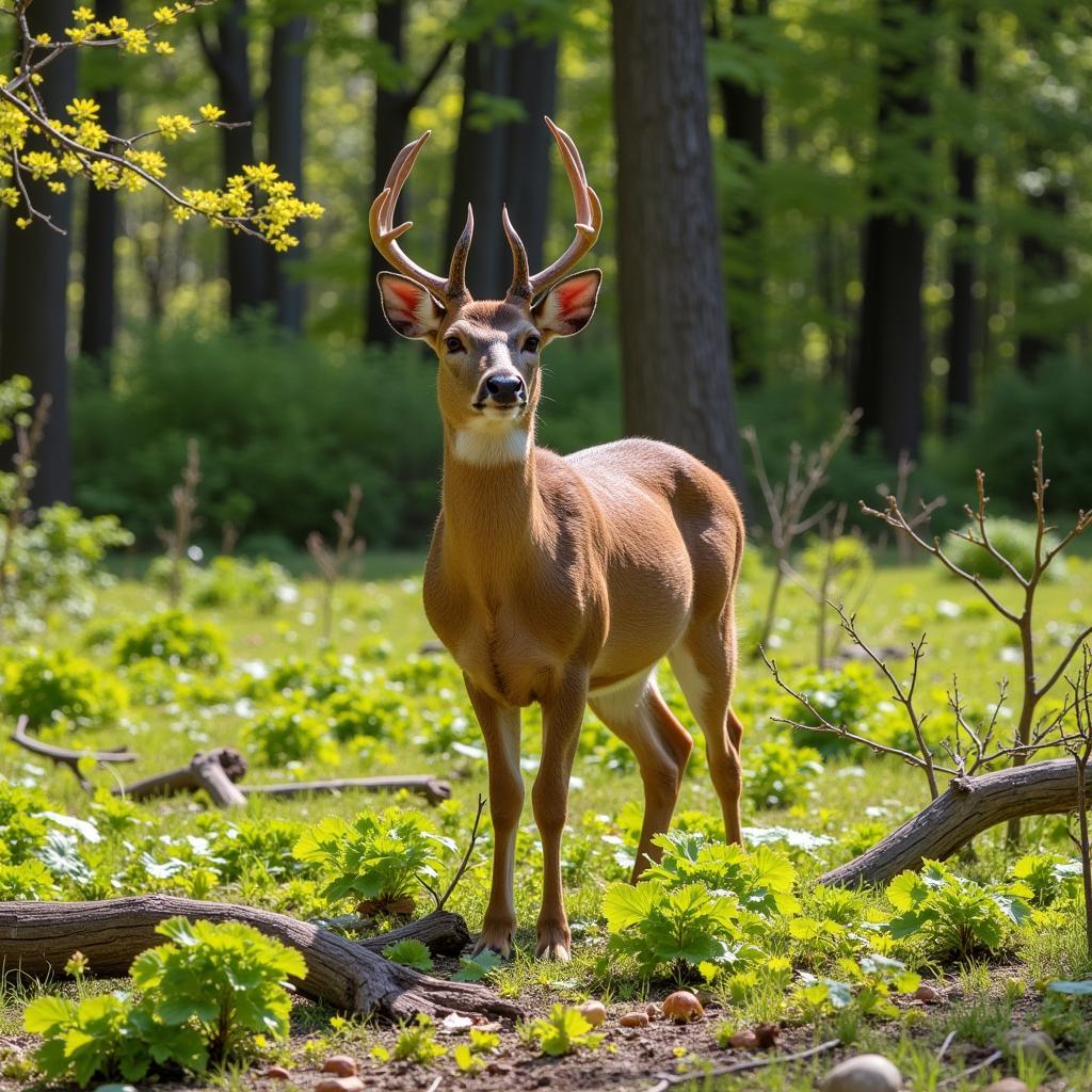 Deer grazing in a lush spring food plot