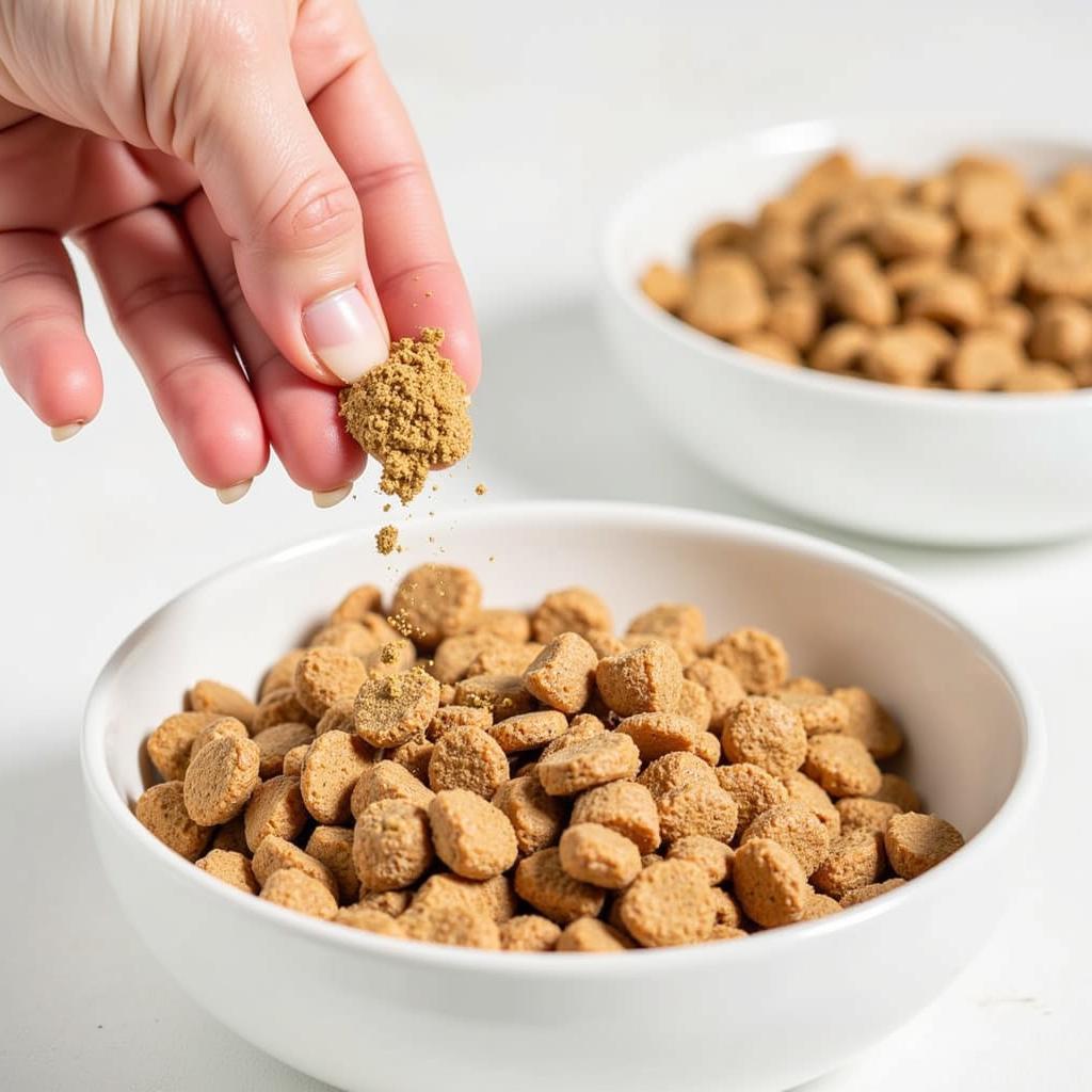 Sprinkling Dog Food Topper Powder on Kibble