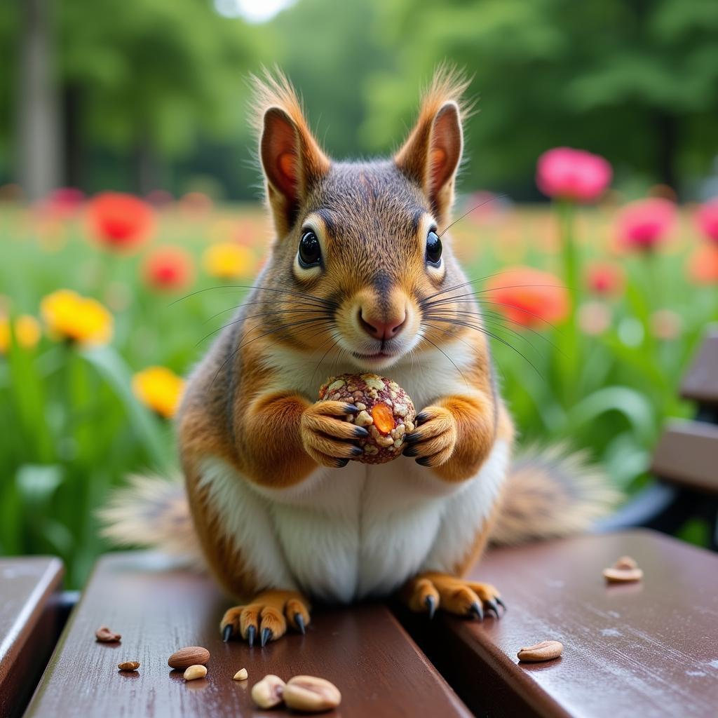 A squirrel enjoying a mix of nuts and seeds in a park setting