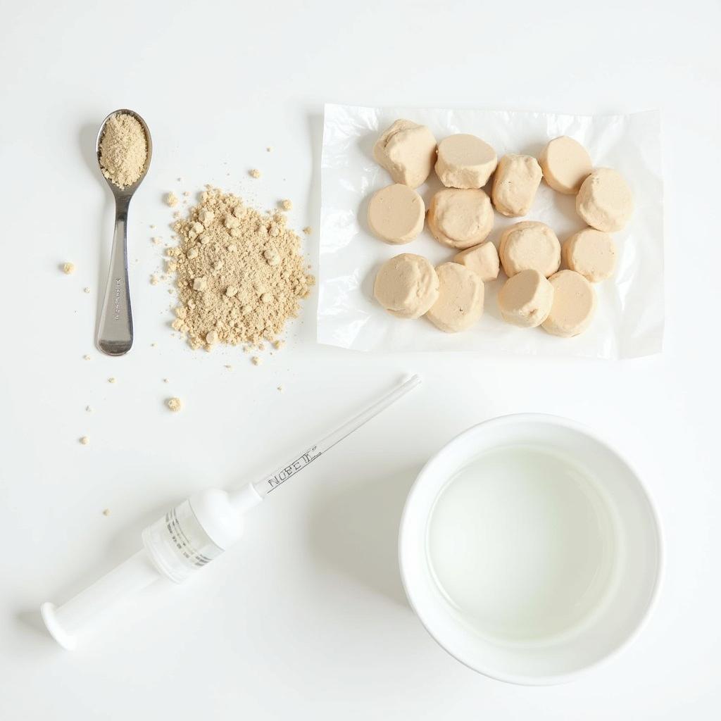 Squirrel formula and feeding supplies laid out on a table