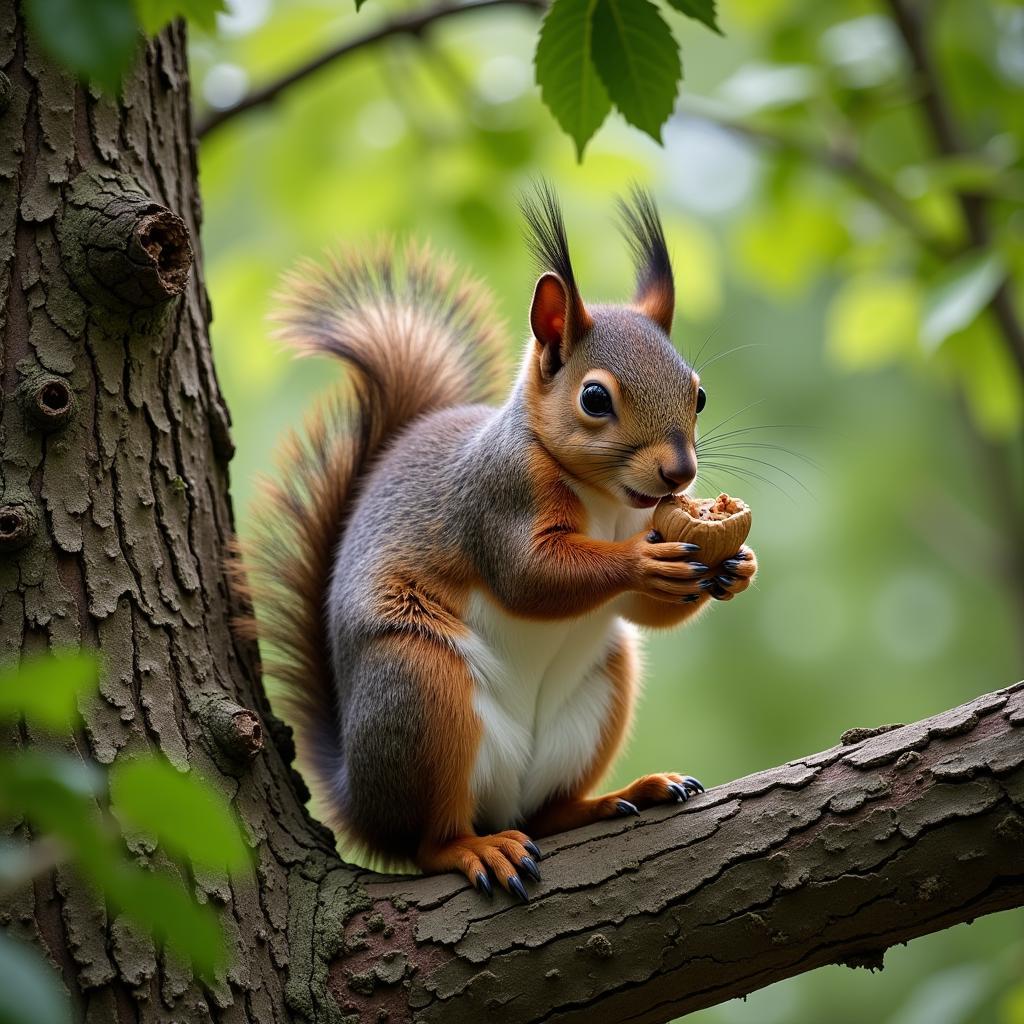 A squirrel perched on a tree branch, enjoying a walnut.