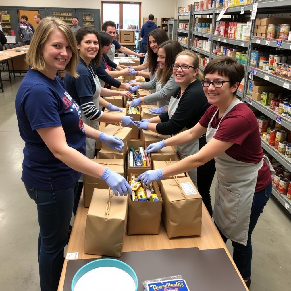 Volunteers sorting and packing food donations at the St. Blaise Food Pantry