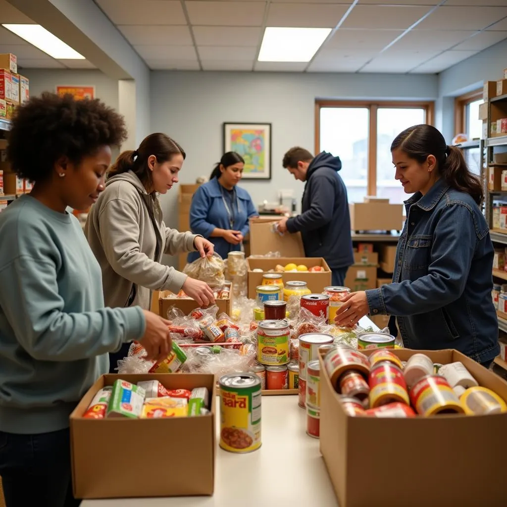 Volunteers at St. Moses the Black Food Pantry organize donations.