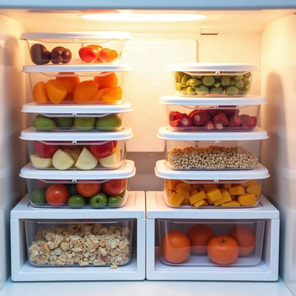 Neatly stacked 1 1/2 cup containers in a refrigerator