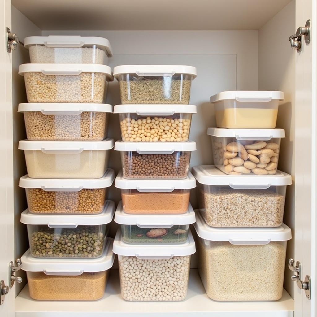 Stackable bulk food containers efficiently utilize vertical space in a pantry.