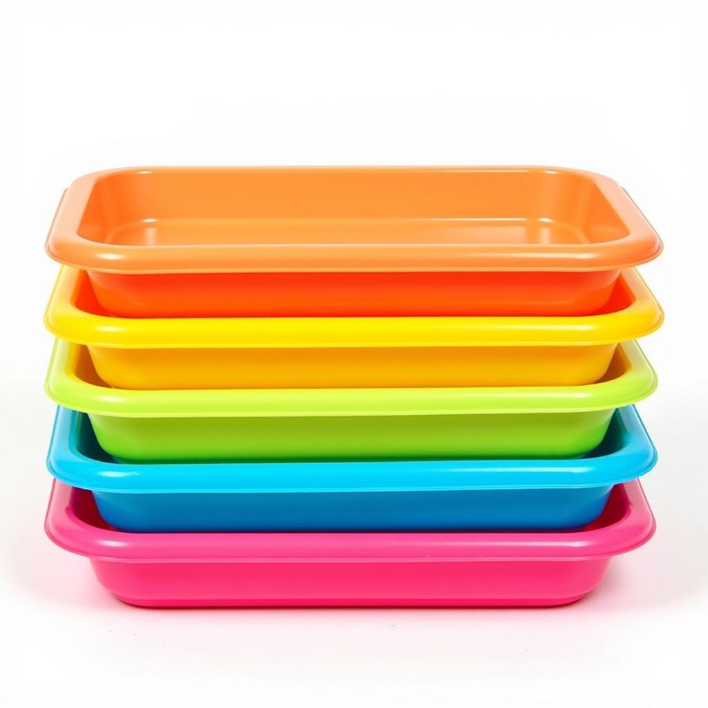 A stack of colorful, stackable cafeteria trays.