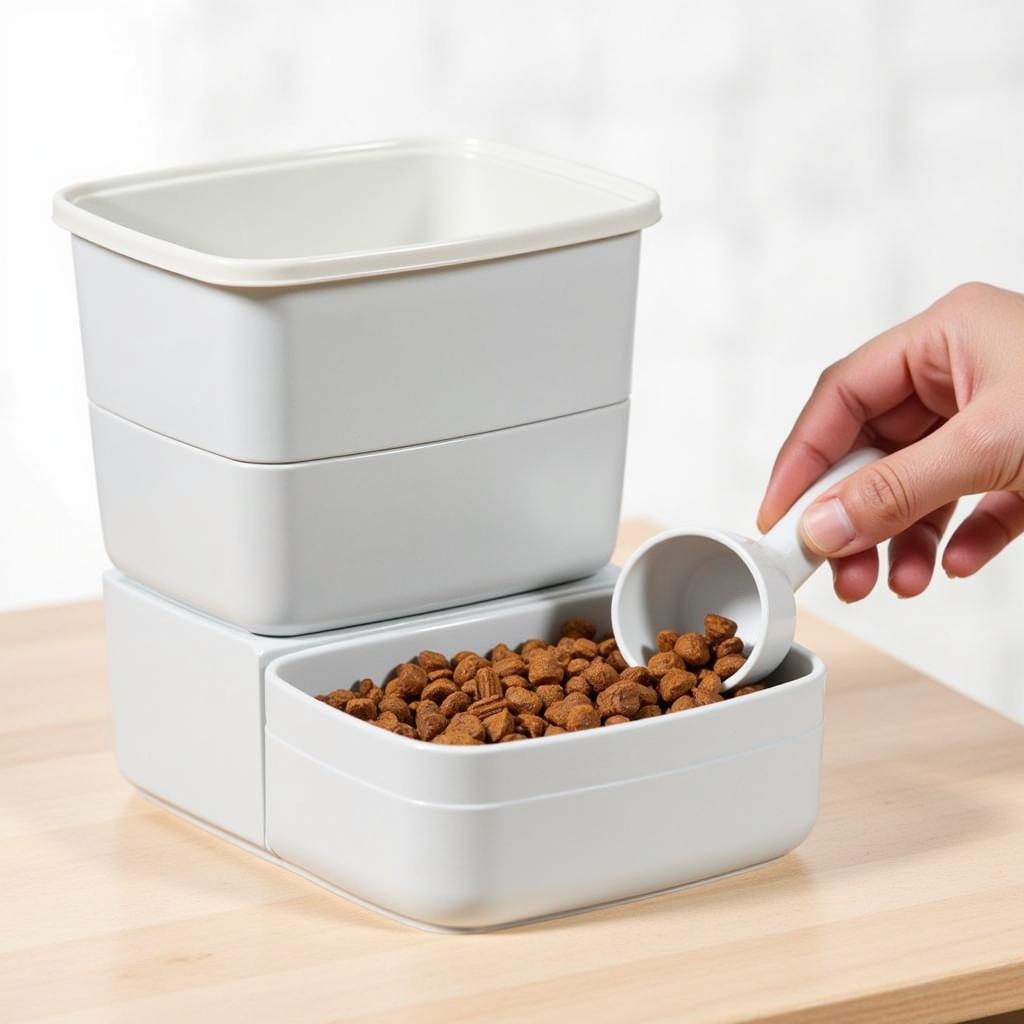 A stackable dog food container with a convenient scoop