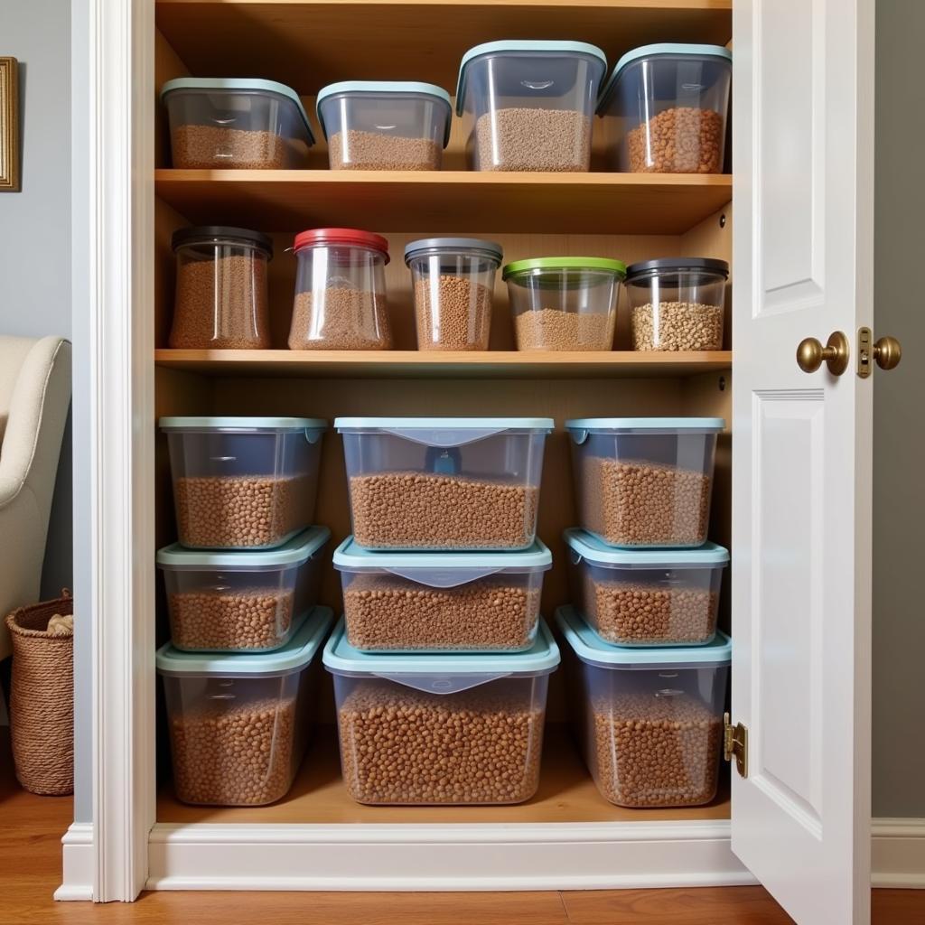 Stackable dog food containers neatly arranged in a pantry