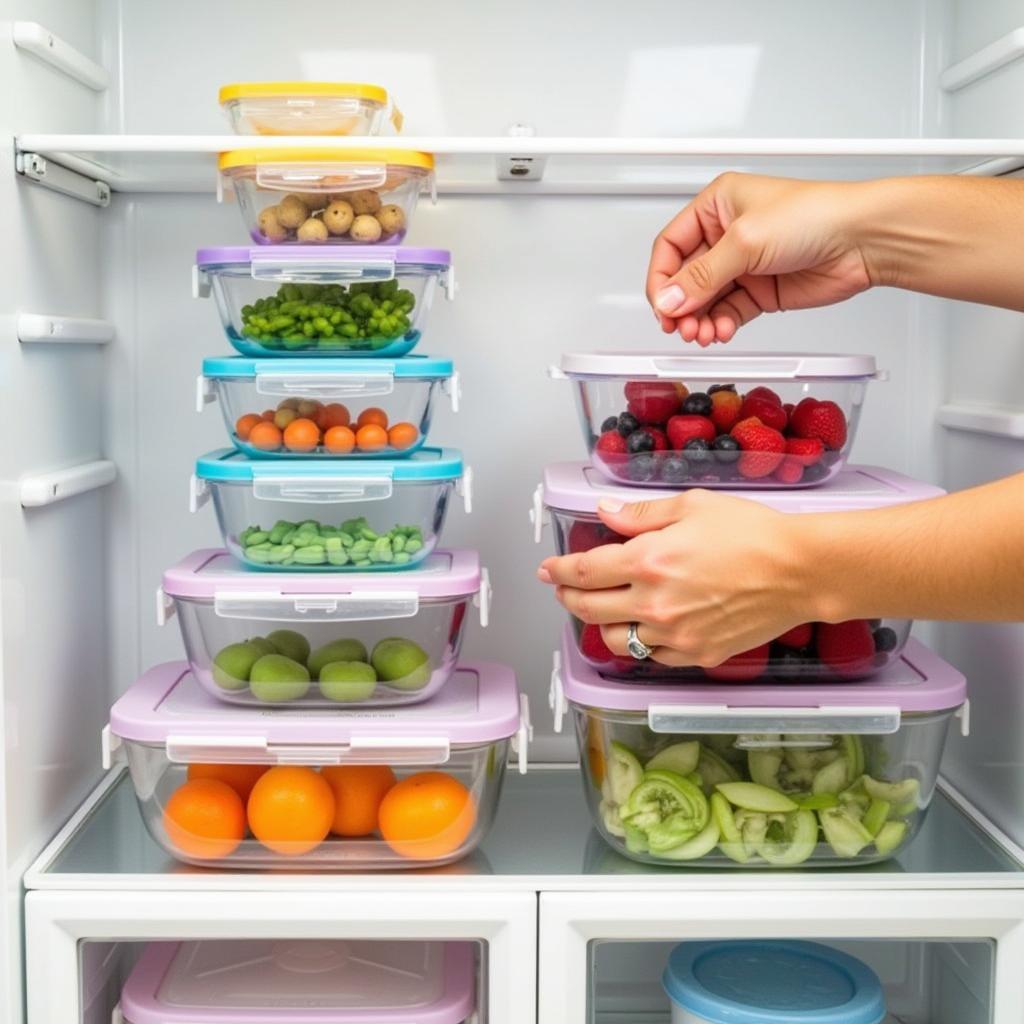 Stackable food prep containers organized in a fridge