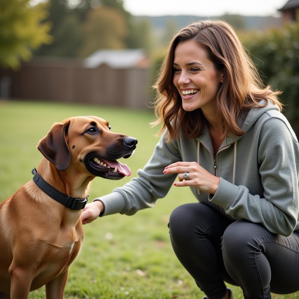 A Staffordshire Bull Terrier enjoying treats with its owner outdoors