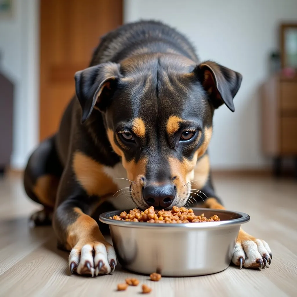 Staffordshire Terrier Eating from a Bowl