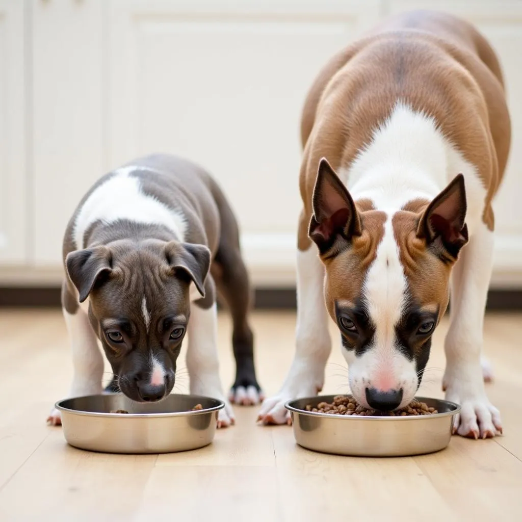 Staffordshire Terrier Puppy and Adult Eating